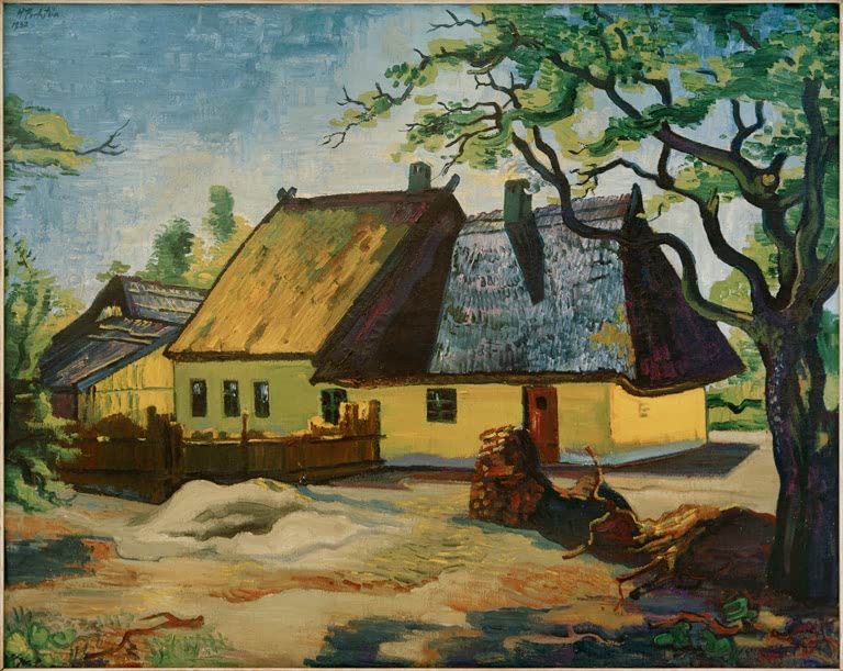 Reetgedeckte gelbe Fischerhäuser unter einem großen Baum – Max Pechstein Fischerkaten Kunstkopie