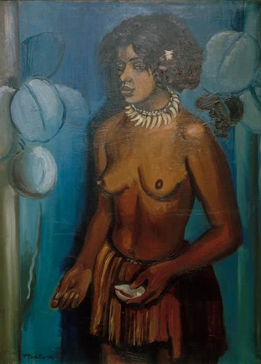 Frau mit Muschelkette und Blüte im Haar vor blauem Grund, eine Muschel in der Hand – Max Pechstein Frau auf Palau Kunstkopie