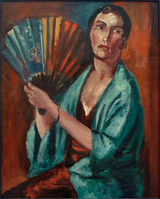 Frau in türkisem Tuch hält einen großen Fächer, Blick zur Seite – Max Pechstein Frau mit Fächer Kunstkopie