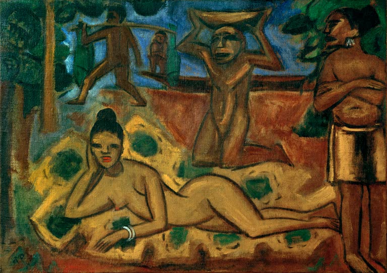 Liegende Frau mit Armreif, dahinter stehende Männer und eine Trägerin – Max Pechstein Frauen auf Palau Kunstkopie
