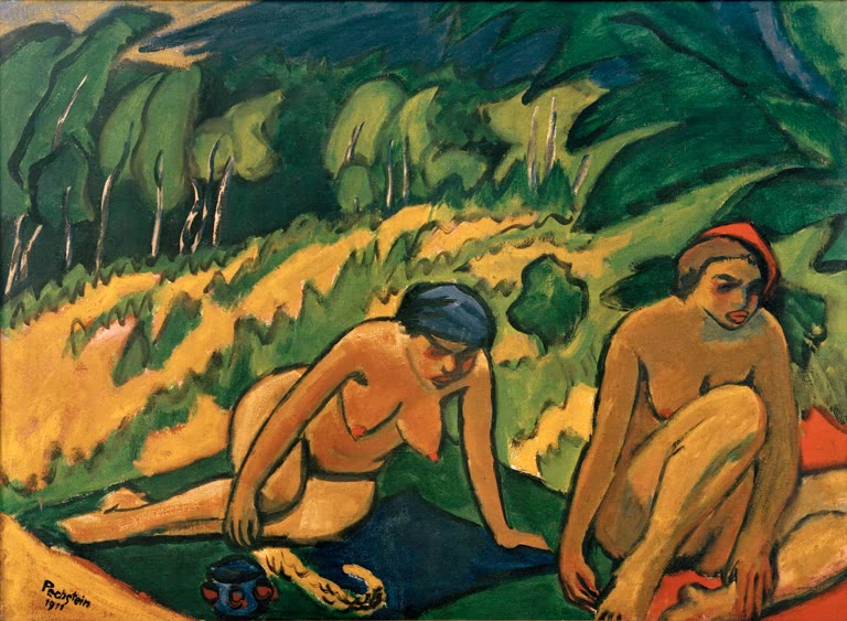 Zwei sitzende Akte mit Kopftüchern auf einer Wiese vor grünem Wald – Max Pechstein Frauen im Grünen Kunstkopie