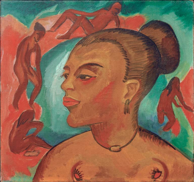 Frau im Profil mit hochgesteckten Haaren, im Hintergrund rote Figuren – Max Pechstein Frauenkopf Kunstkopie