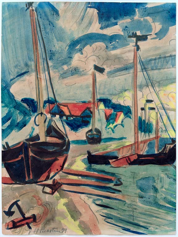 Segelboote und Masten an einer Hafenmole unter bewegtem Himmel in Aquarell – Max Pechstein Hafen Kunstkopie