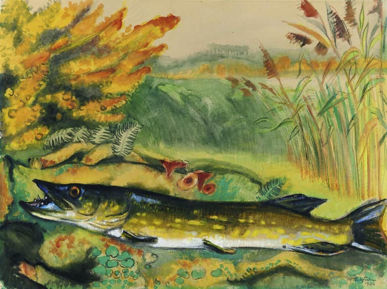 Hecht im Schilf zwischen Wasserpflanzen, gelbe Büsche am Ufer – Max Pechstein Hecht in Seeuferlandschaft Kunstkopie