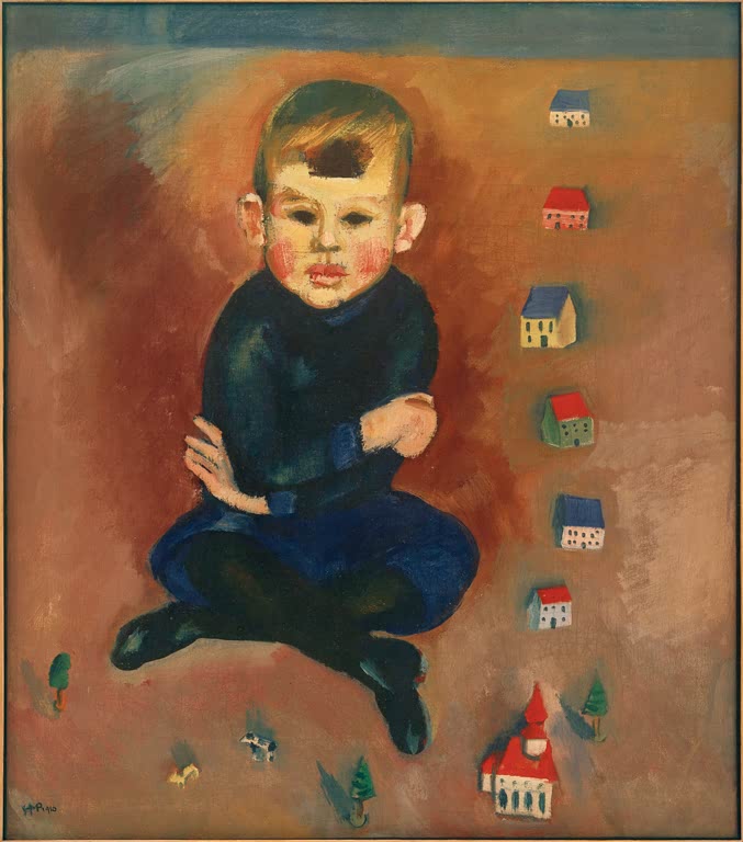 Kleiner Junge in Dunkelblau sitzt zwischen Spielzeughäusern – Max Pechstein Junge mit Spielzeug Kunstkopie