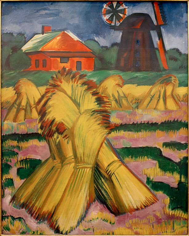 Gelbe Kornhocken vor rotem Haus und dunkler Windmühle – Max Pechstein Kornhocken vor rotem Haus und Windmühle Kunstkopie