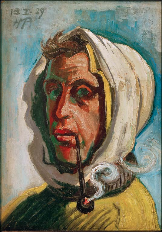 Selbstbildnis mit weißem Kopftuch und Pfeife, Datum 13.I.29 am oberen Rand – Max Pechstein Krankes Selbstporträt Kunstkopie
