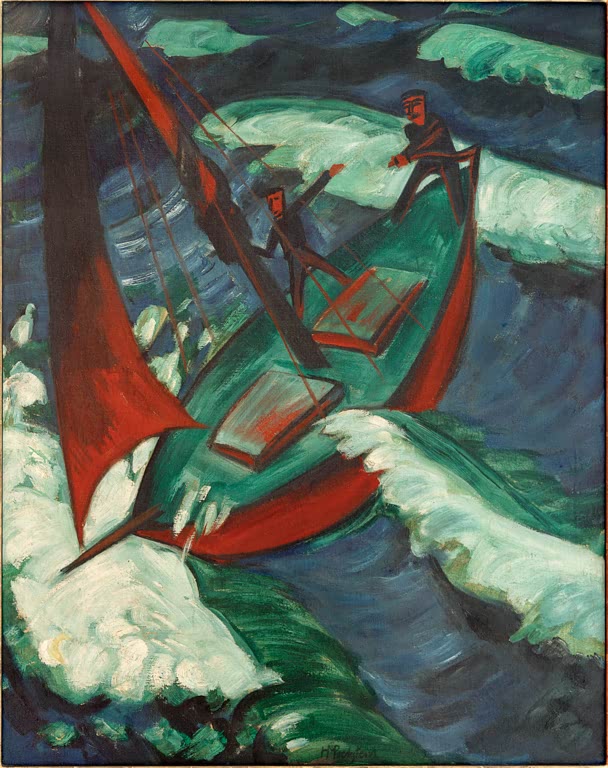 Kutter mit roten Segeln kämpft in grünen Wellen gegen den Sturm – Max Pechstein Kutter im Sturm Kunstkopie