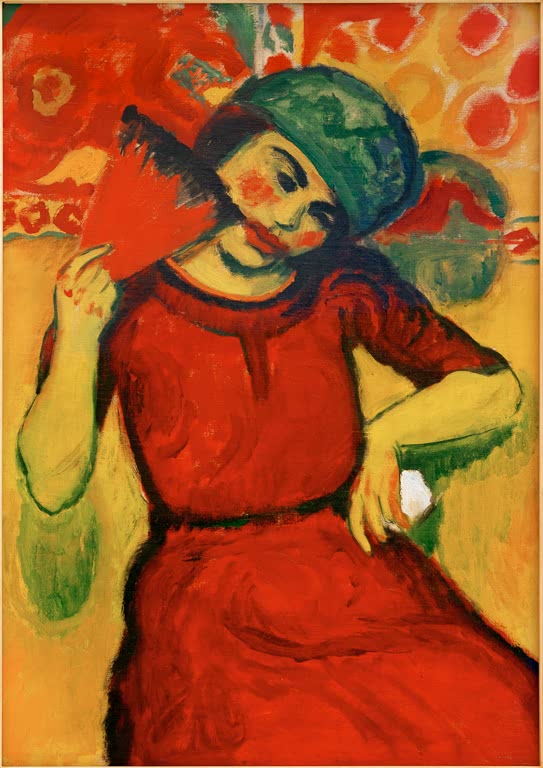 Mädchen im roten Kleid mit grünem Hut hält einen roten Fächer – Max Pechstein Mädchen mit rotem Fächer Kunstkopie