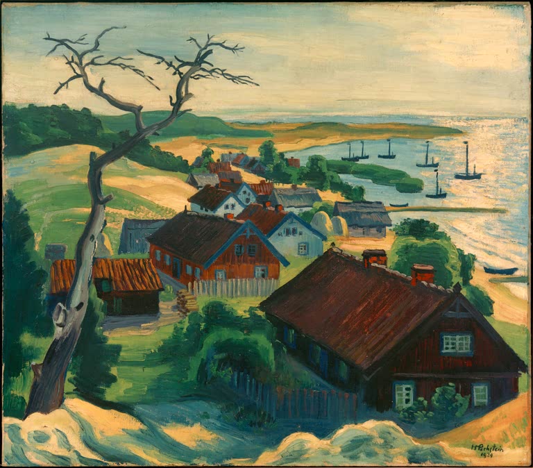 Blick auf rote Holzhäuser und Dünen am Haff mit Booten und kahlem Baum – Max Pechstein Morgen bei Purwin Kunstkopie