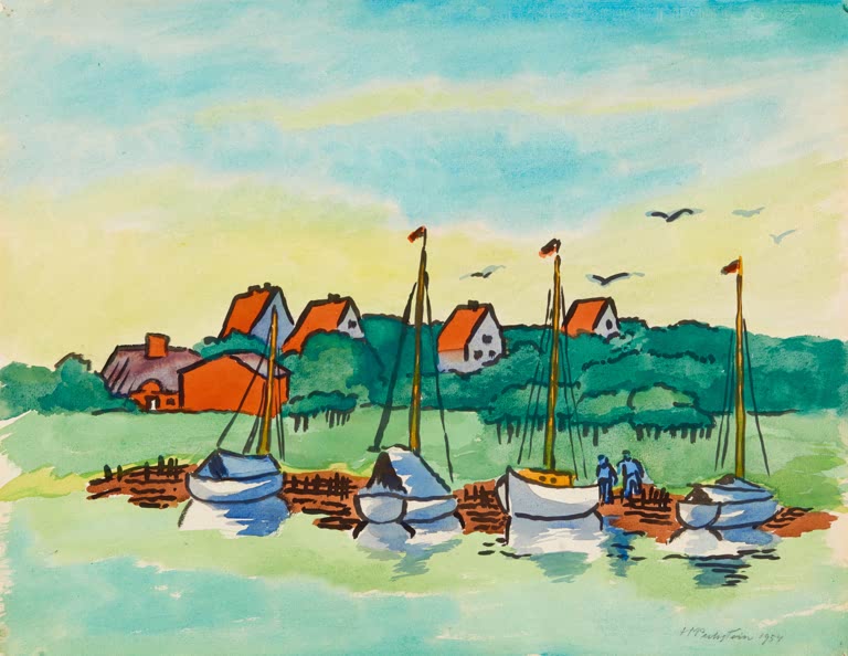 Segelboote an einem Steg vor roten Dächern und hellem Himmel in Aquarell – Max Pechstein Morgens Kunstkopie