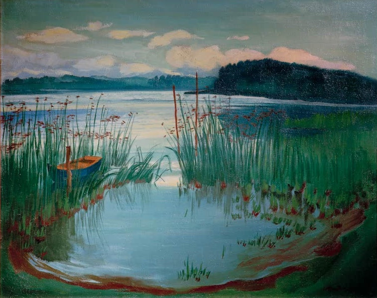 Stiller See mit Schilf, Ruderboot und bewaldetem Ufer unter rosa Wolken – Max Pechstein Morgenstunde am See Kunstkopie