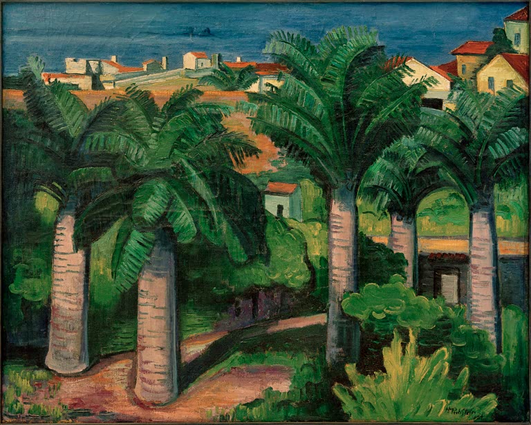 Hohe Palmen vor Häusern mit roten Dächern und Meer am Horizont – Max Pechstein Palmen in Collioure Kunstkopie