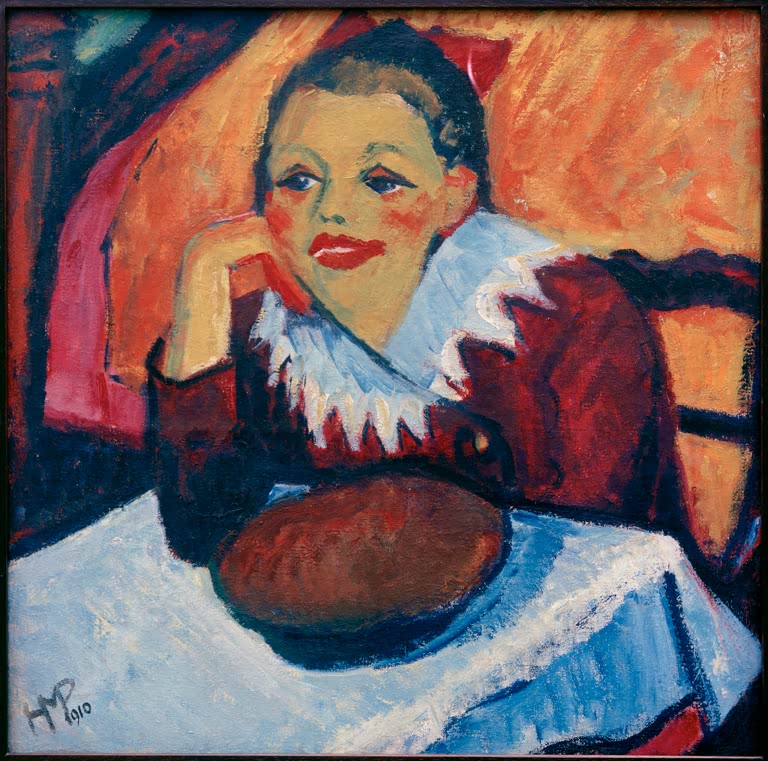 Mädchen mit roter Schleife stützt das Kinn am Tisch mit Brot – Max Pechstein Rotes Mädchen am Tisch Kunstkopie