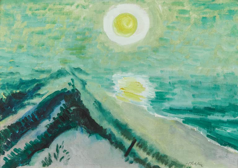 Sonne über türkisgrünem See, Düne im Vordergrund – Max Pechstein Seenebel Kunstkopie