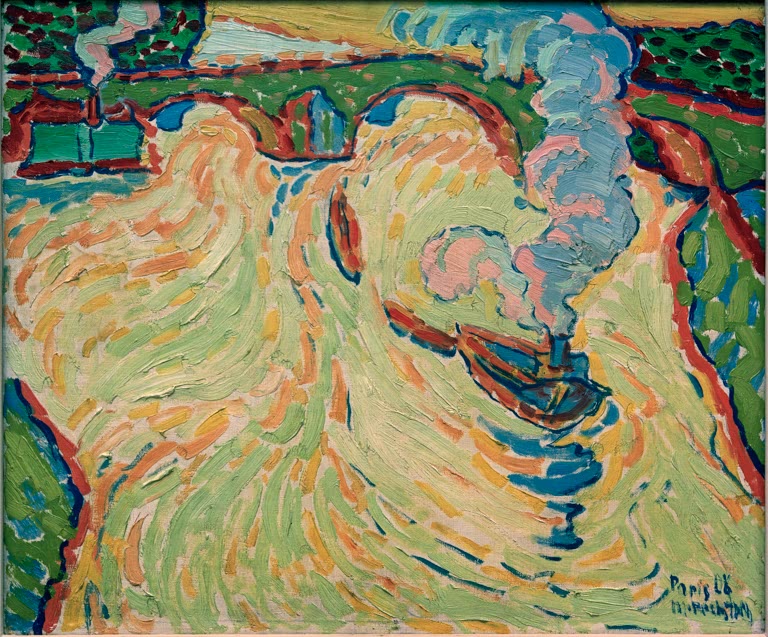 Dampfer unter einer Brücke auf wirbelndem hellgrünem Wasser – Max Pechstein Seine-Brücke mit kleinem Dampfer Kunstkopie