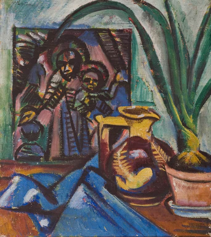 Gelber Krug und Pflanze im Topf vor einem Marienbild – Max Pechstein Stillleben mit Krug und Blattpflanze Kunstkopie