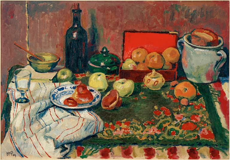 Flasche, Glas, Teller und Orangen auf einem gedeckten Tisch mit Teppich – Max Pechstein Stillleben Kunstkopie