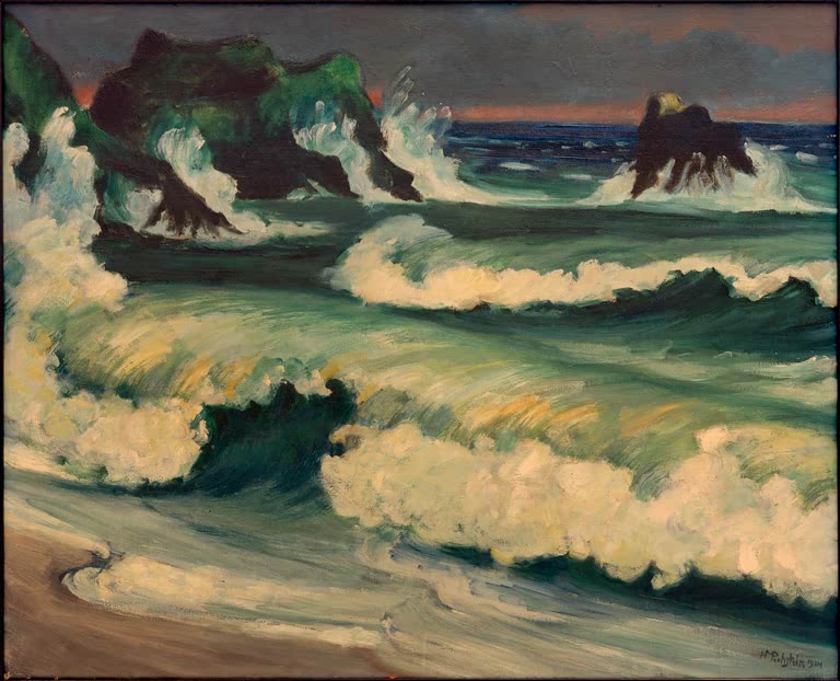Grüne Brandungswellen brechen an dunklen Felsen unter Abendhimmel – Max Pechstein Stürmische See Kunstkopie