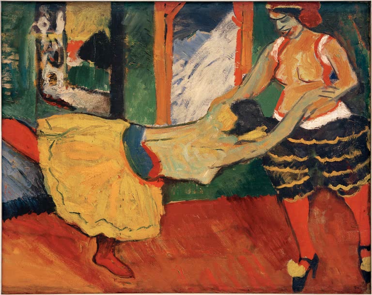Zwei Tänzerinnen mit gelbem und schwarzem Rock vor einem Fenster – Max Pechstein Tanz Kunstkopie