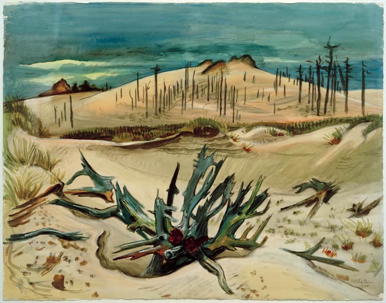 Dünenlandschaft mit abgestorbenen Bäumen und Wurzelstock unter blaugrünem Himmel – Max Pechstein Toter Wald Kunstkopie