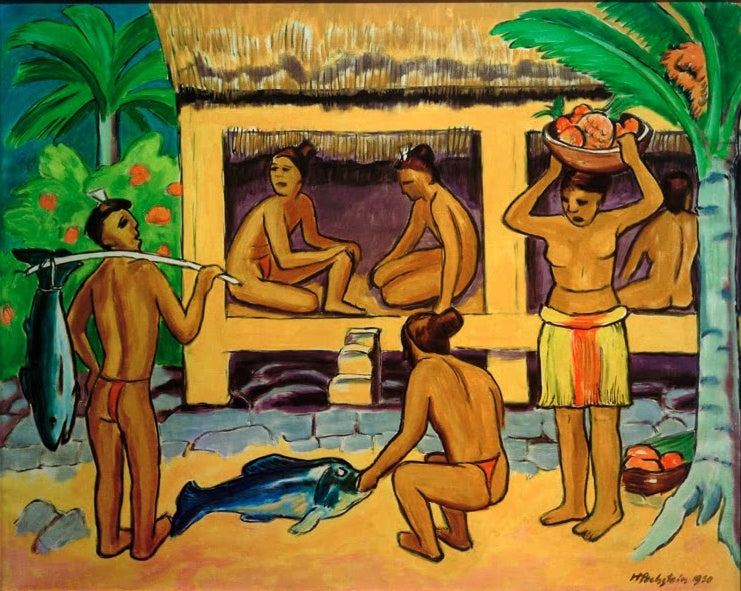 Palauhaus mit sitzenden Frauen, Fischträger und Frau mit Fruchtschale – Max Pechstein Vor dem Palauhaus Kunstkopie