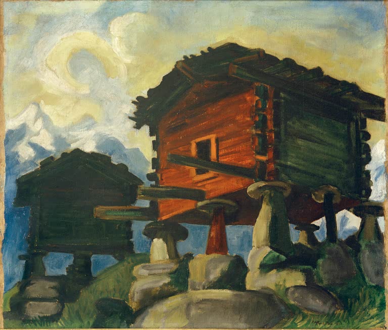 Zwei Holzspeicher auf Steinstützen vor hellem Himmel und Bergen – Max Pechstein Walliser Hütten Kunstkopie