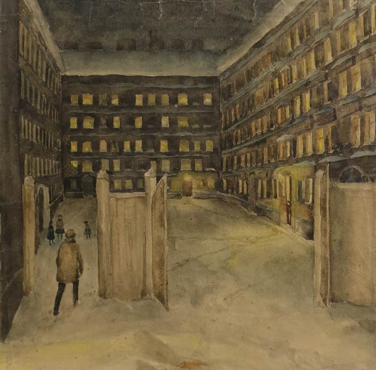 Natalia Krasovskaya Stadthof im Schnee Kunstkopie, Innenhof mit erleuchteten Fenstern und Figuren in der Dämmerung