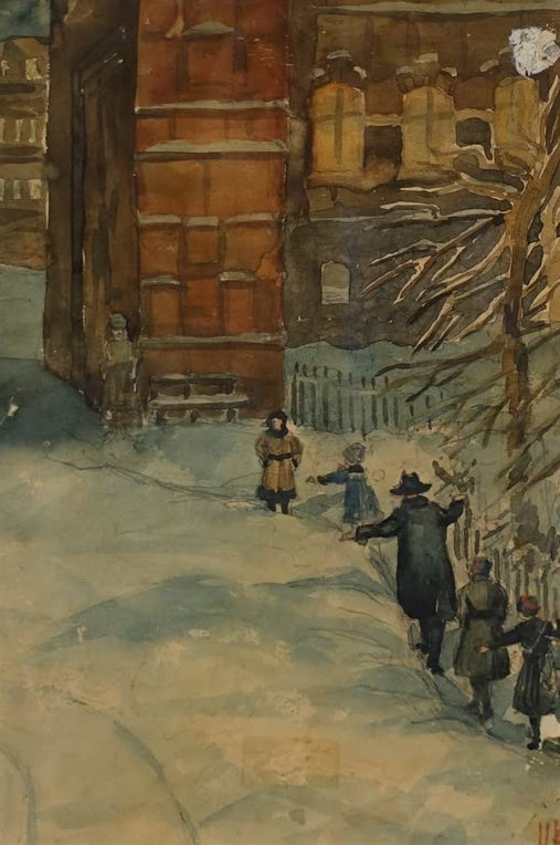 Natalia Krasovskaya Stadtszene mit Kindern im Schnee Kunstkopie, Figuren vor roter Backsteinfassade und Zaun