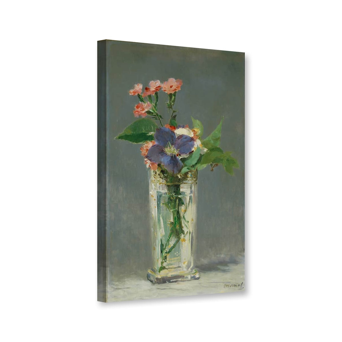Nelken und Clematis in einer Kristallvase von Édouard Manet als Leinwand – Perspektivansicht