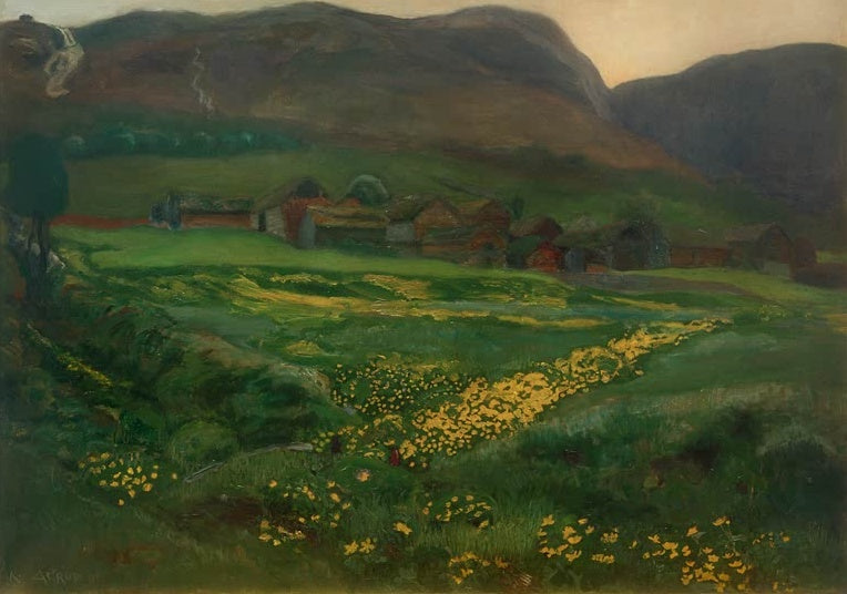 Gelbe Butterblumenwiese vor Gehöft im Tal – Nicolai Astrup Eine Juninacht und Butterblumen Kunstkopie