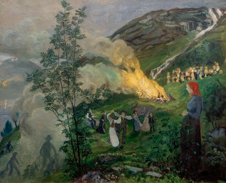Tanz am Mittsommerfeuer, Frau mit rotem Kopftuch rechts – Nicolai Astrup Freudenfeuer in der Mittsommernacht Kunstkopie