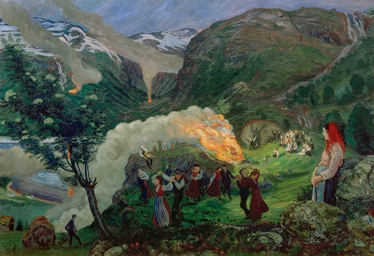 Frau im roten Kopftuch vor tanzender Gruppe und Feuer – Nicolai Astrup Freudenfeuer in der Mittsommernacht Kunstkopie