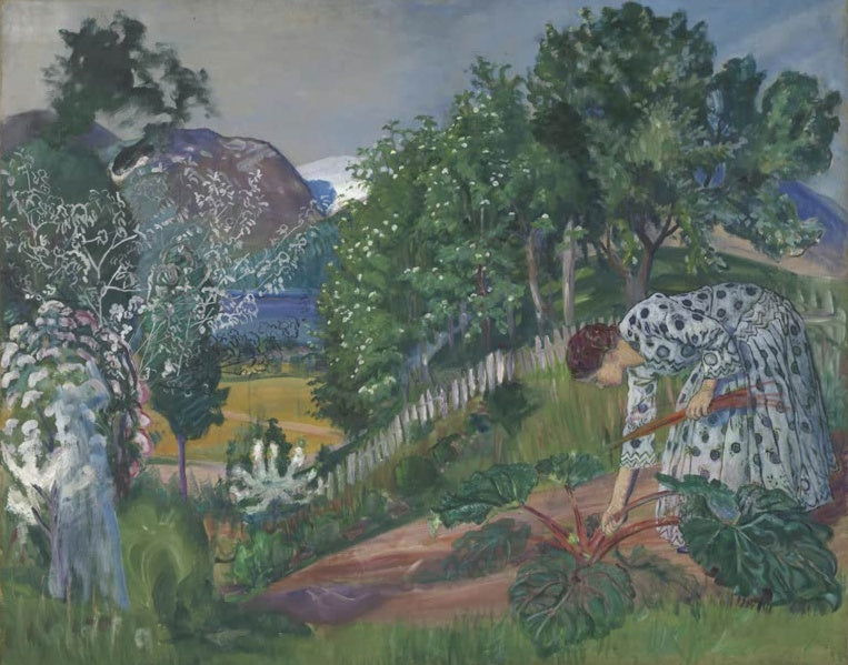 Frau beugt sich im blühenden Garten über Rhabarber – Nicolai Astrup Frühlingsabend in Jølster Kunstkopie