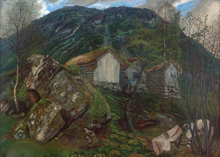Weiße Holzhäuser an felsigem Hang unter Bergmassiv – Nicolai Astrup Frühlingsstimmung bei einem alten Bauernhof Kunstkopie