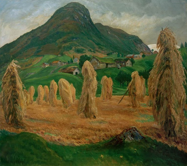 Hohe Getreidegarben auf dem Feld vor Bergkuppe und Gehöften – Nicolai Astrup Getreidegarben Kunstkopie