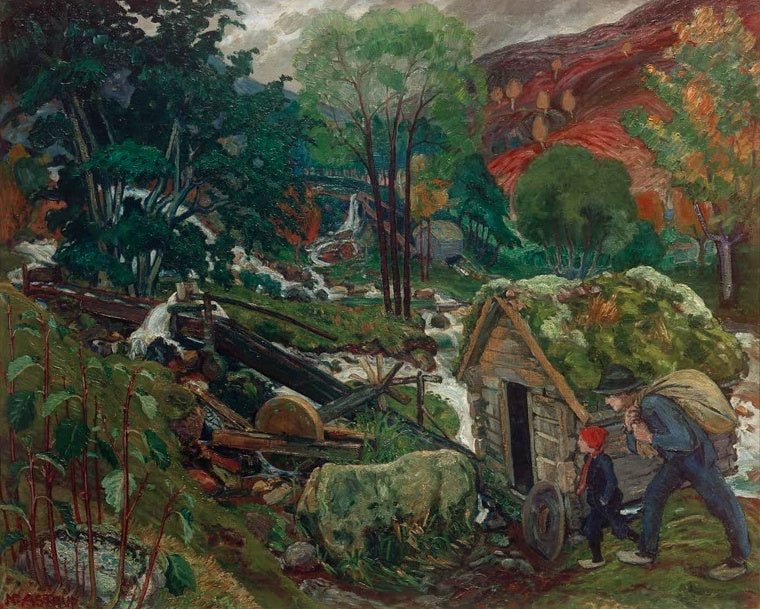 Mann mit Sack und Kind vor Mühle am Wasserfall im Herbstlaub – Nicolai Astrup Mahlwetter Kunstkopie