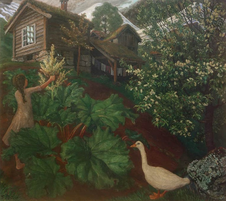 Mädchen am Rhabarberbeet, weiße Gans vor Holzhaus – Nicolai Astrup Nachtlicht, Rhabarber, Gans und Vogelkirsche Kunstkopie