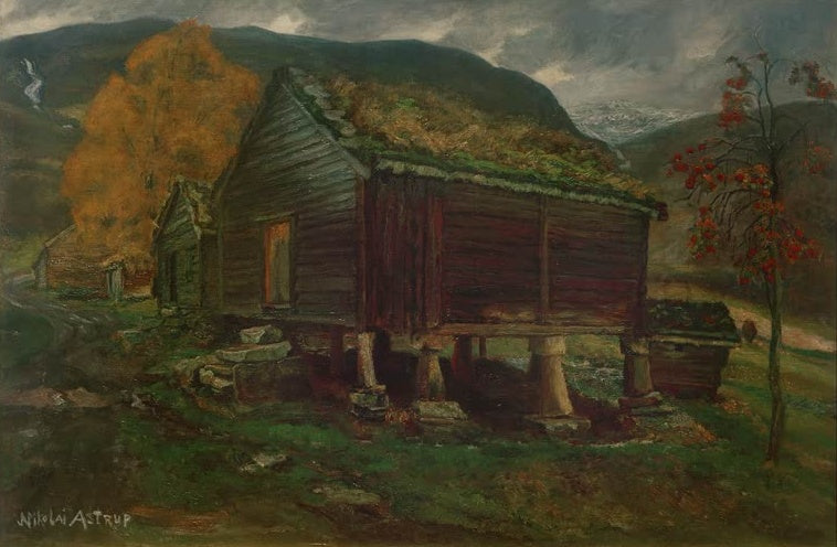 Moosbedeckter Holzspeicher im Herbst, rote Vogelbeerbäume – Nicolai Astrup Scheune in Jølster Kunstkopie