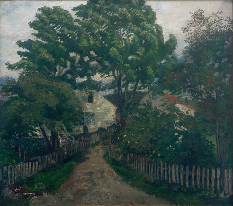 Gartenweg mit Holzzaun zwischen windbewegten Bäumen – Nicolai Astrup Sommerwind, Jølster Pfarrei Kunstkopie