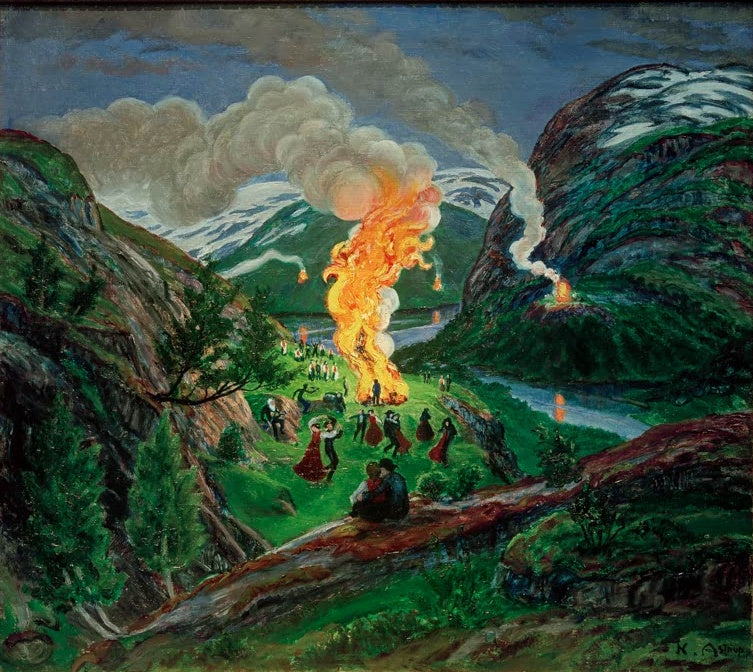 Mittsommerfeuer im Tal zwischen Felswänden, Tanzende auf der Wiese – Nicolai Astrup St. Hans Mittsommernachtsfeuer Kunstkopie
