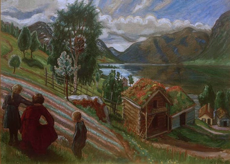 Frauen und Kind am gestreiften Hang über Fjord und Blockhaus – Nicolai Astrup Wachstumszeit-Wetter Kunstkopie