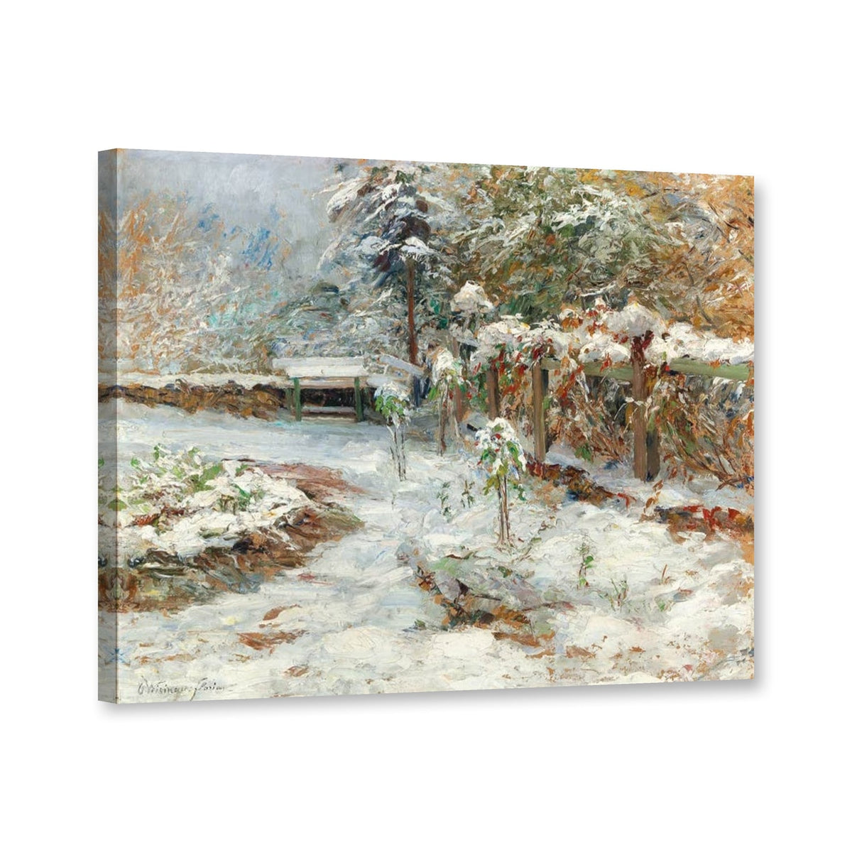 Oktoberschnee, Motiv aus dem Garten von Schloss Hartenstein von Olga Wisinger-Florian als Leinwand – Perspektivansicht