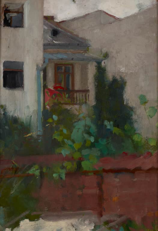 Olga Boznańska Architekturlandschaft, Blick auf einen Hof Kunstkopie, Haus mit Veranda hinter Blattwerk und roter Mauer