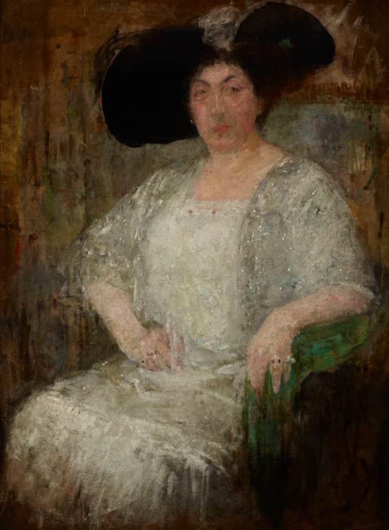 Olga Boznańska Bildnis der Schriftstellerin Gabrielle Réval Kunstkopie, Dame in Weiß mit schwarzem Hut im grünen Sessel