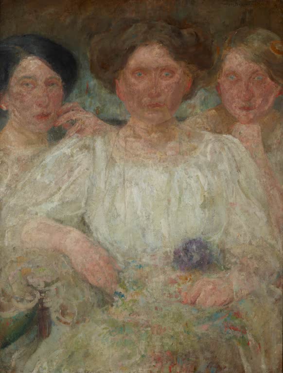 Olga Boznańska Bildnis dreier Schwestern Kunstkopie, drei junge Frauen in hellen Blusen, die mittlere mit Veilchensträußchen