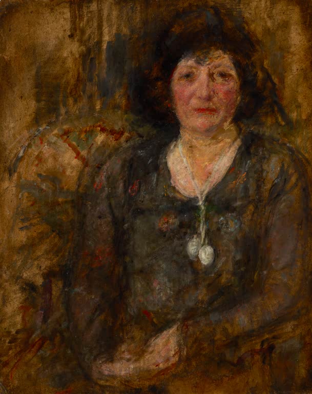 Olga Boznańska Bildnis einer Dame mit Medaillon Kunstkopie, Frau mit dunklem Haar und weißer Kette mit Anhängern