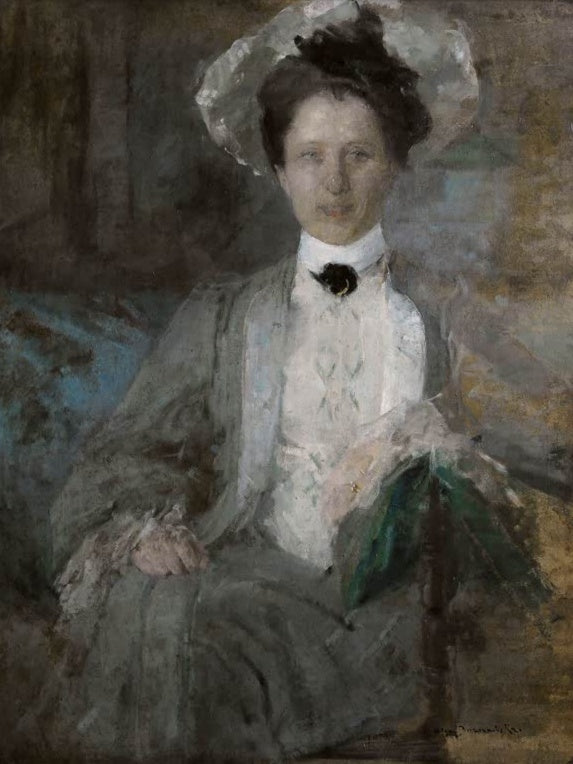 Olga Boznańska Bildnis einer Frau mit weißem Hut Kunstkopie, sitzende Dame in grauem Jackett mit weißer Bluse