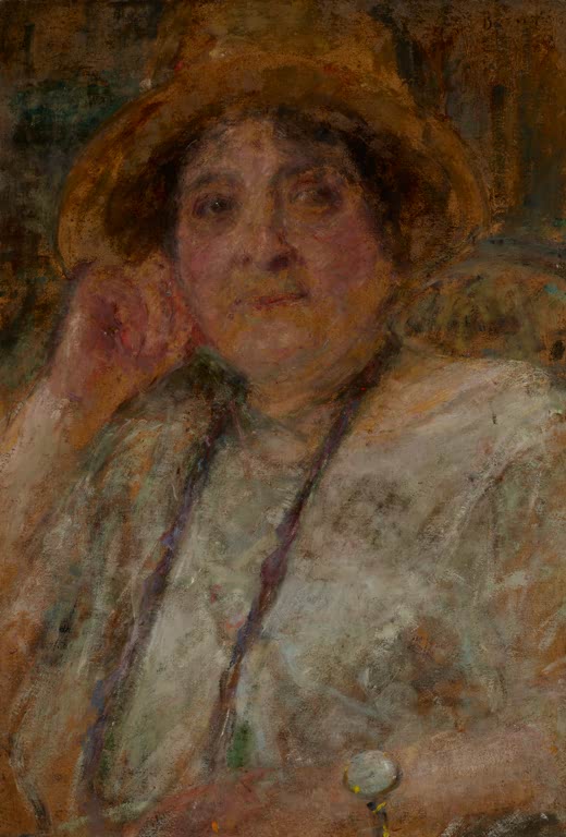 Olga Boznańska Bildnis Frau Gościeńska Kunstkopie, Frau mit Strohhut und langer Kordel stützt den Kopf