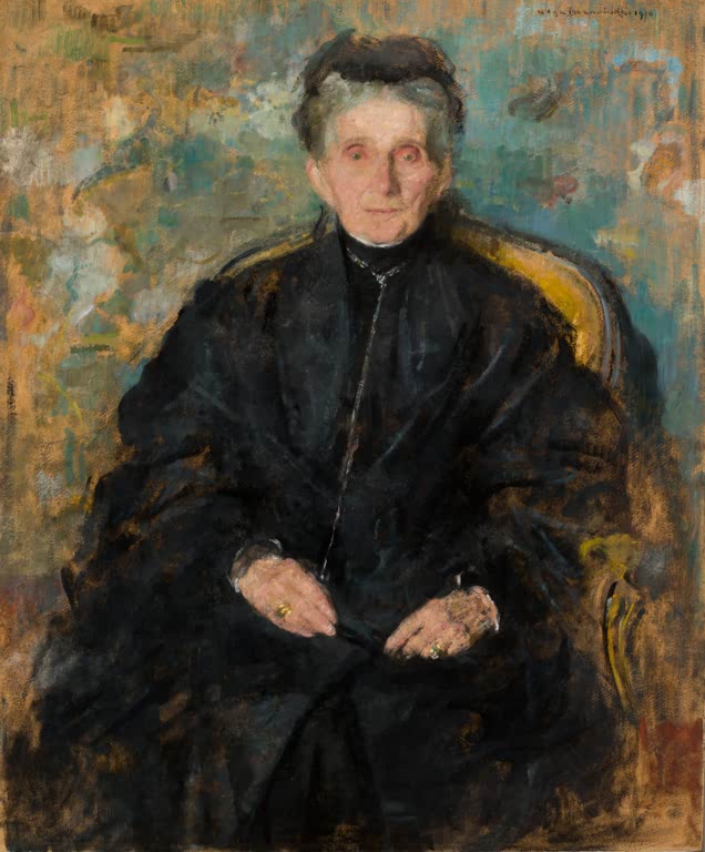 Olga Boznańska Bildnis Jadwiga Sapieżyna, geborene Sanguszko Kunstkopie, ältere Frau in Schwarz im goldenen Sessel